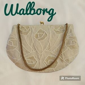 VTG WALBORG White Floral Rose Heavily Beaded Cocktail Evening Bag